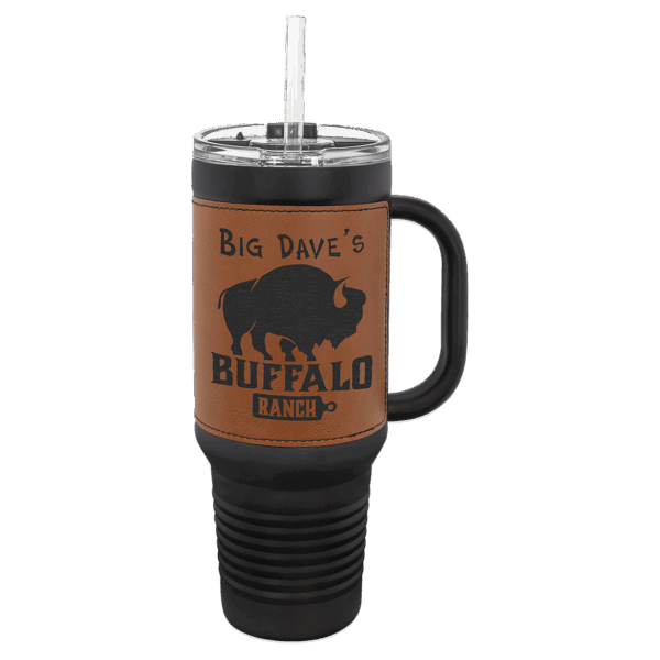 Polar Camel 40 oz. Black with Rawhide Laserable Leatherette Travel Mug with a Handle & Straw