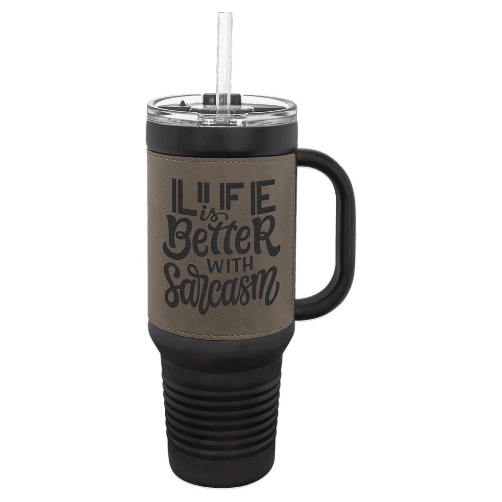 Polar Camel 40 oz. Black with Gray Laserable Leatherette Travel Mug with a  Handle & Straw