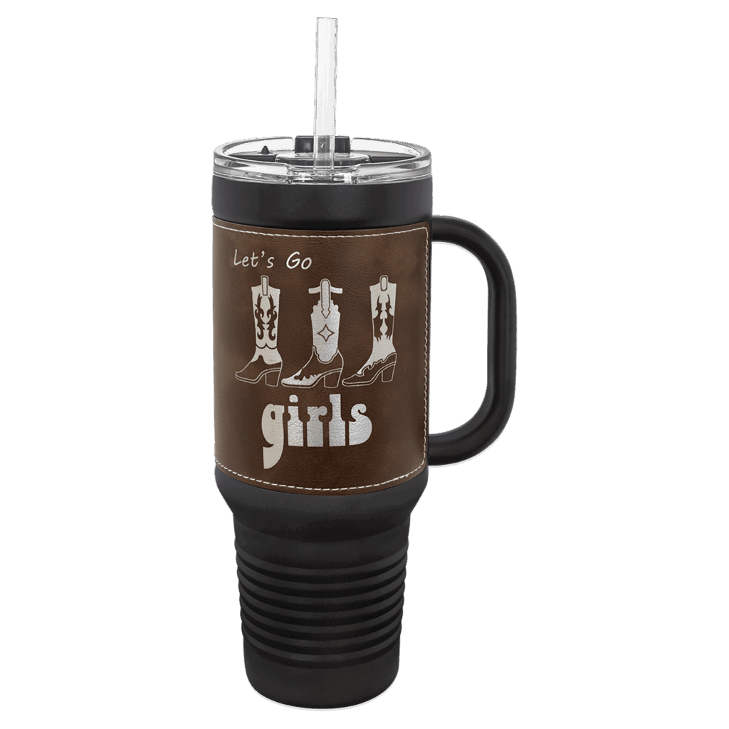 Polar Camel 40 oz. Black with Rustic/Silver Laserable Leatherette Travel Mug with Handle & Straw