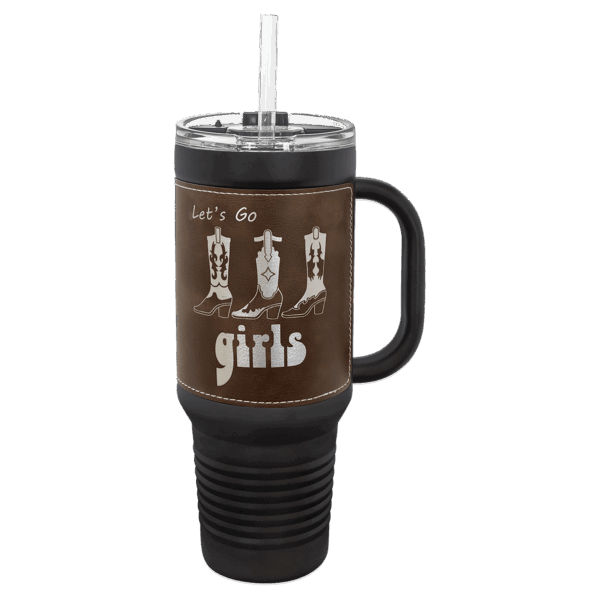 Polar Camel 40 oz. Black with Rustic/Silver Laserable Leatherette Travel Mug with Handle & Straw