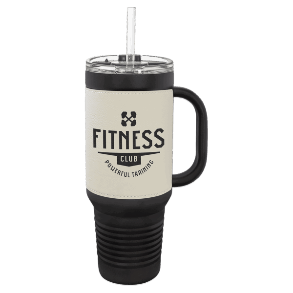 Polar Camel 40 oz. Black with White Laserable Leatherette Travel Mug with a Handle & Straw
