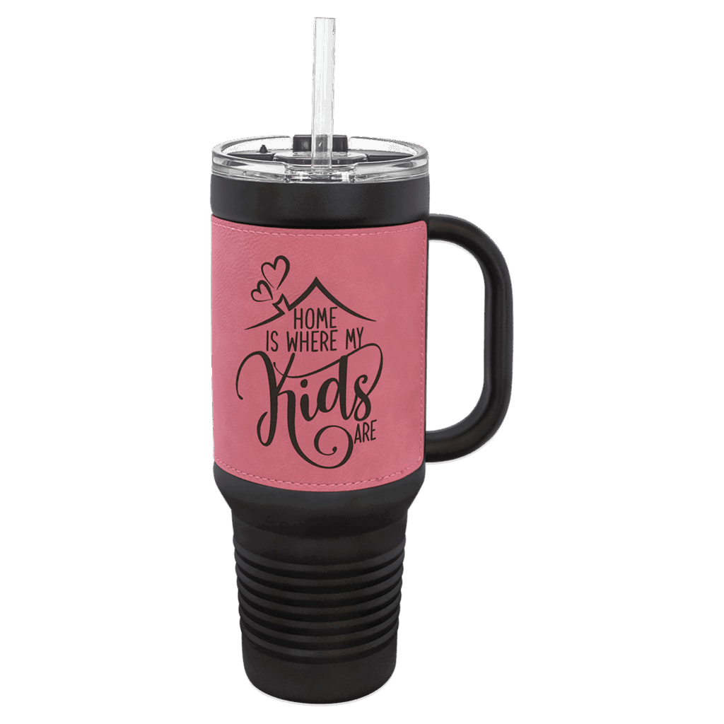 Polar Camel 40 oz. Black with Pink Laserable Leatherette Travel Mug with a Handle & Straw