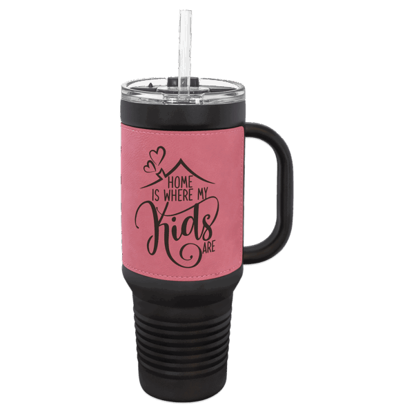 Polar Camel 40 oz. Black with Pink Laserable Leatherette Travel Mug with a Handle & Straw
