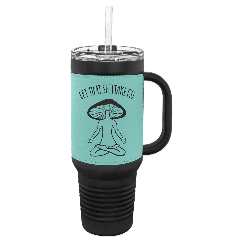Polar Camel 40 oz. Black with Teal Laserable Leatherette Travel Mug with a Handle & Straw