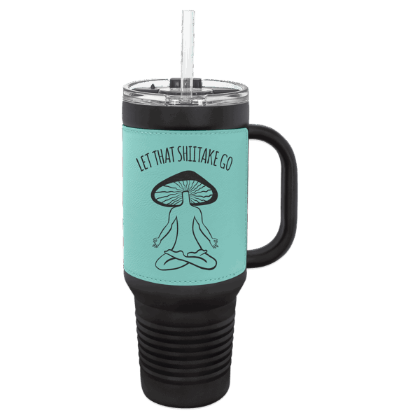 Polar Camel 40 oz. Black with Teal Laserable Leatherette Travel Mug with a Handle & Straw