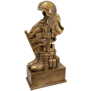 8 3/4" Antique Gold Military Resin Helmet on Rifle with Flag and Boot