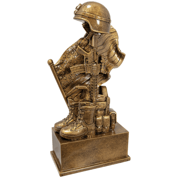 8 3/4" Antique Gold Military Resin Helmet on Rifle with Flag and Boot