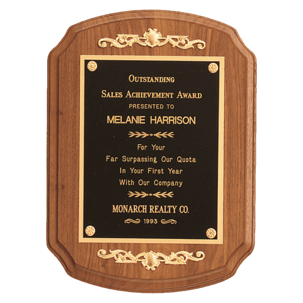 9" x 12" American Walnut Rounded, Scalloped Corner Plaque with Decorative Gold Scrolls and a Gold Border Black Laser Engravable Plate