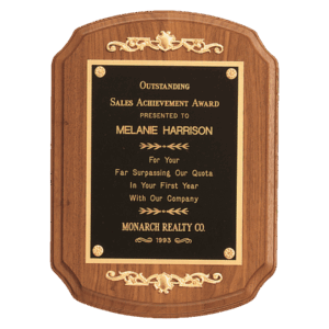 9" x 12" American Walnut Rounded, Scalloped Corner Plaque with Decorative Gold Scrolls and a Gold Border Black Laser Engravable Plate