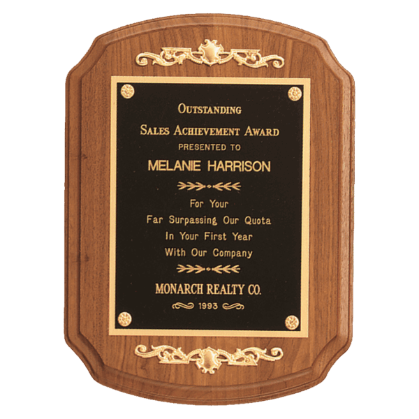 9" x 12" American Walnut Rounded, Scalloped Corner Plaque with Decorative Gold Scrolls and a Gold Border Black Laser Engravable Plate