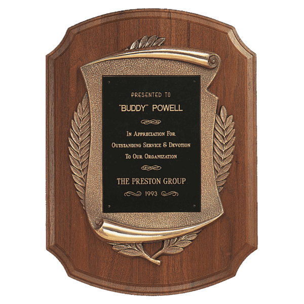 11" x 15" American Walnut Notch Corner Plaque w/Antique Bronze Scroll & Black Brass Plate