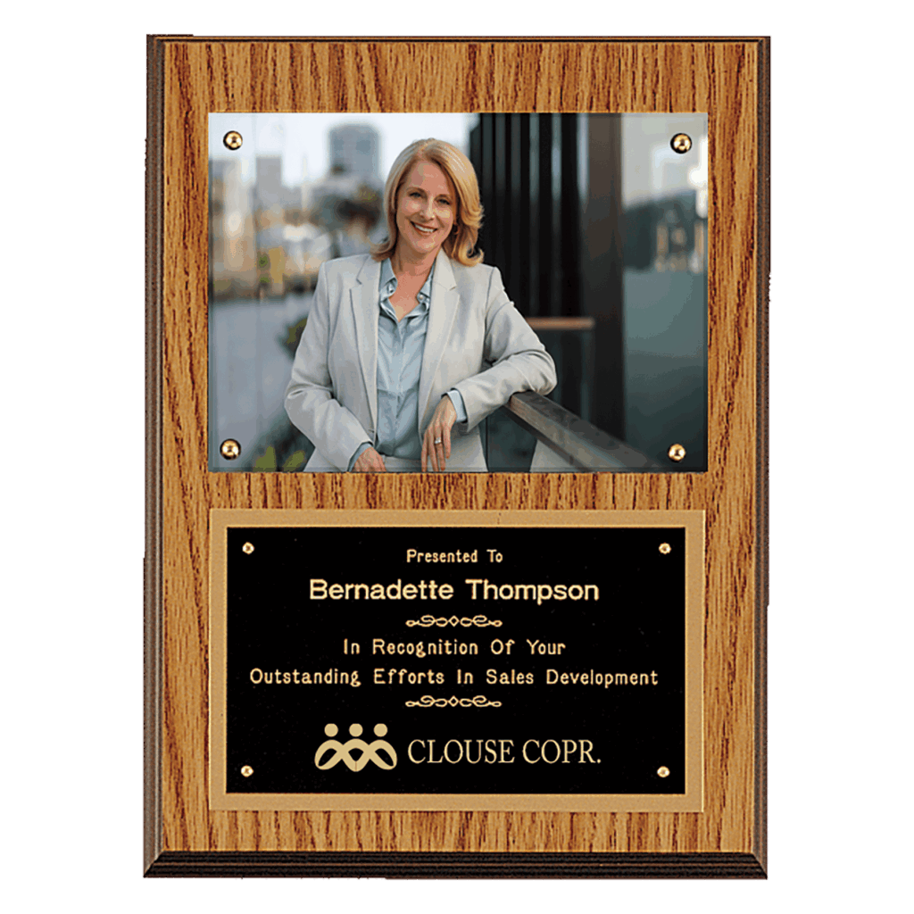 9" x 12" American Oak Finish Photo Plaque with Black Brass Plates-Photo Size 5" x 7"