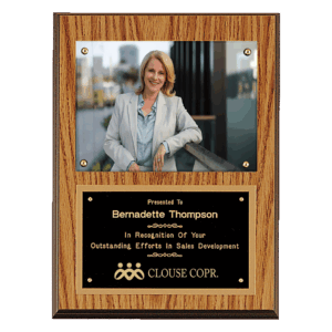 9" x 12" American Oak Finish Photo Plaque with Black Brass Plates-Photo Size 5" x 7"