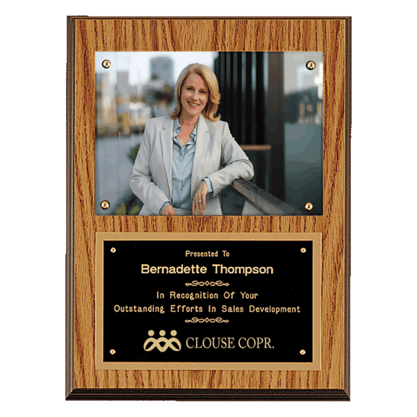 9" x 12" American Oak Finish Photo Plaque with Black Brass Plates-Photo Size 5" x 7"