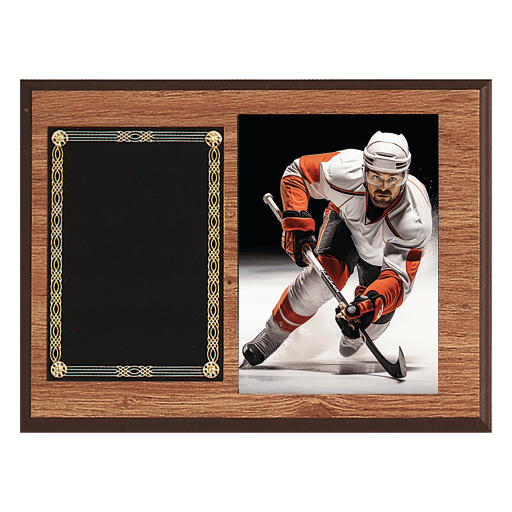 9" x 12" American Oak Finish Photo Plaque with Black Brass Plates-Photo Size 5" x 7"