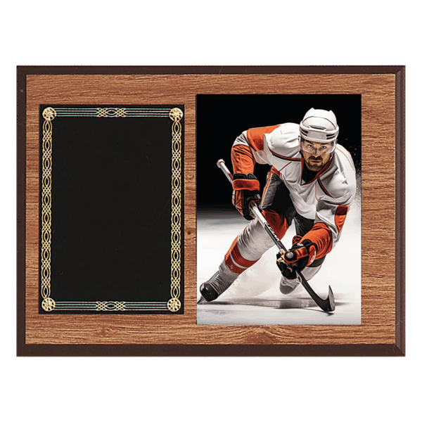 9" x 12" American Oak Finish Photo Plaque with Black Brass Plates-Photo Size 5" x 7"