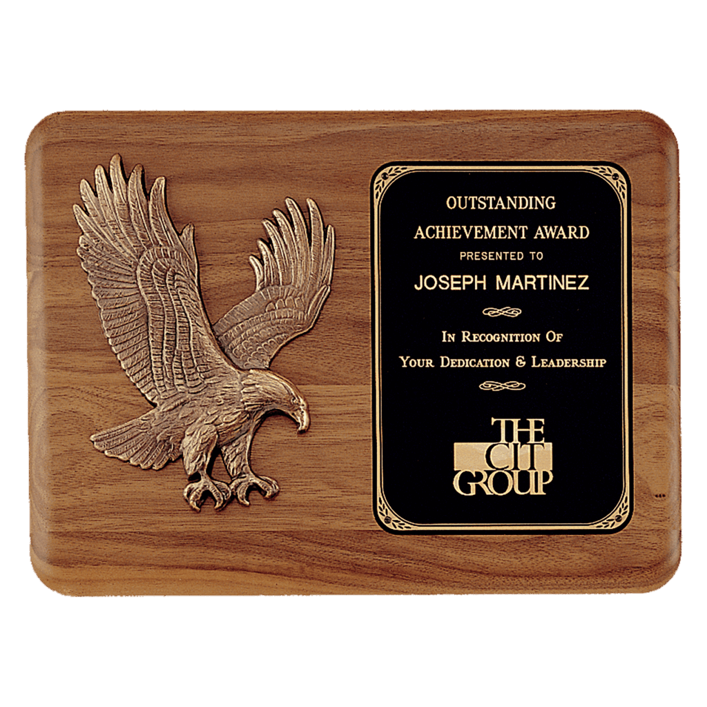 15" x 11" Solid American Walnut Plaque with Sculptured Relief Eagle Casting and Laser Engravable Black Brass Plate