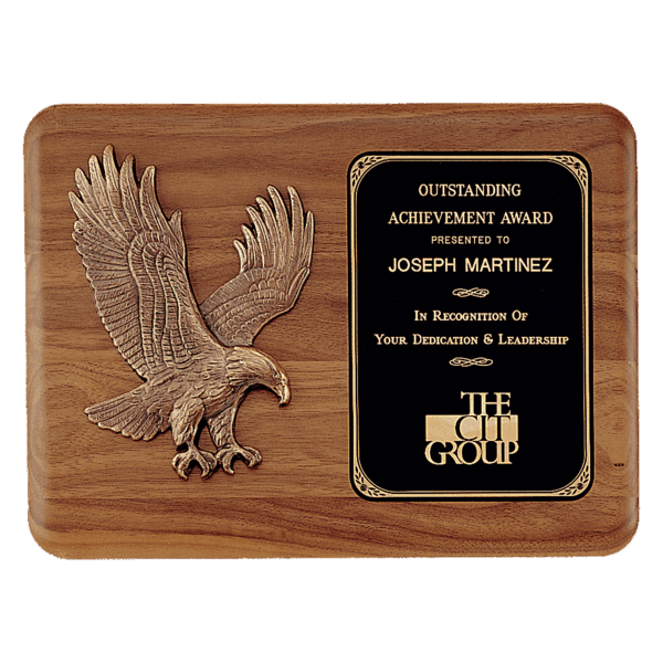 15" x 11" Solid American Walnut Plaque with Sculptured Relief Eagle Casting and Laser Engravable Black Brass Plate