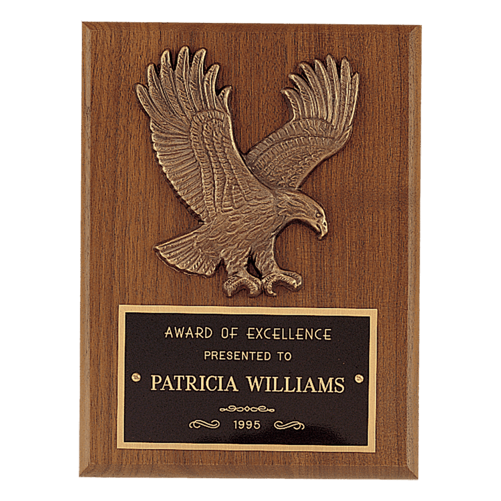 6" x 8" Sculptured Relief Eagle Casting and Laser Engravable Black Plate on an American Walnut Plaque