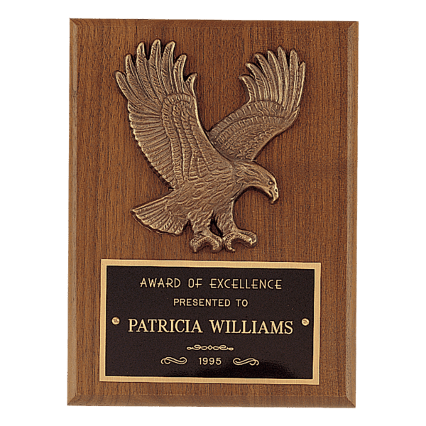 6" x 8" Sculptured Relief Eagle Casting and Laser Engravable Black Plate on an American Walnut Plaque