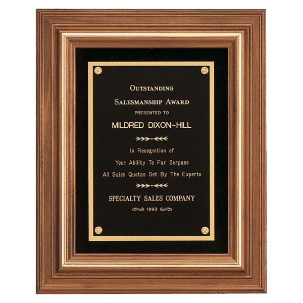 12" x 14" American Walnut Framed Plaque w/Gold Trim & Black Velour Back, Black Brass Plate