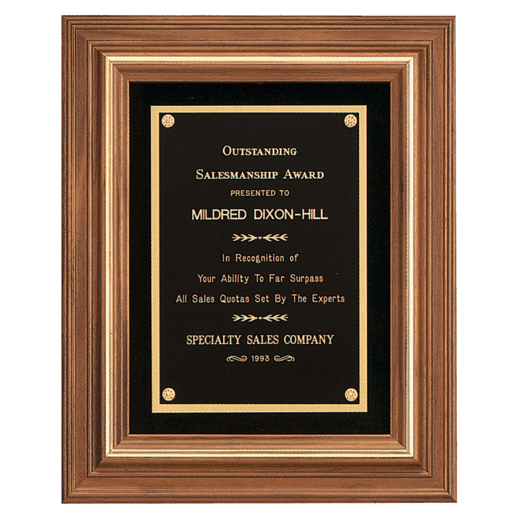 13" x 16" American Walnut Framed Plaque w/Gold Trim & Black Velour Back, Black Brass Plate