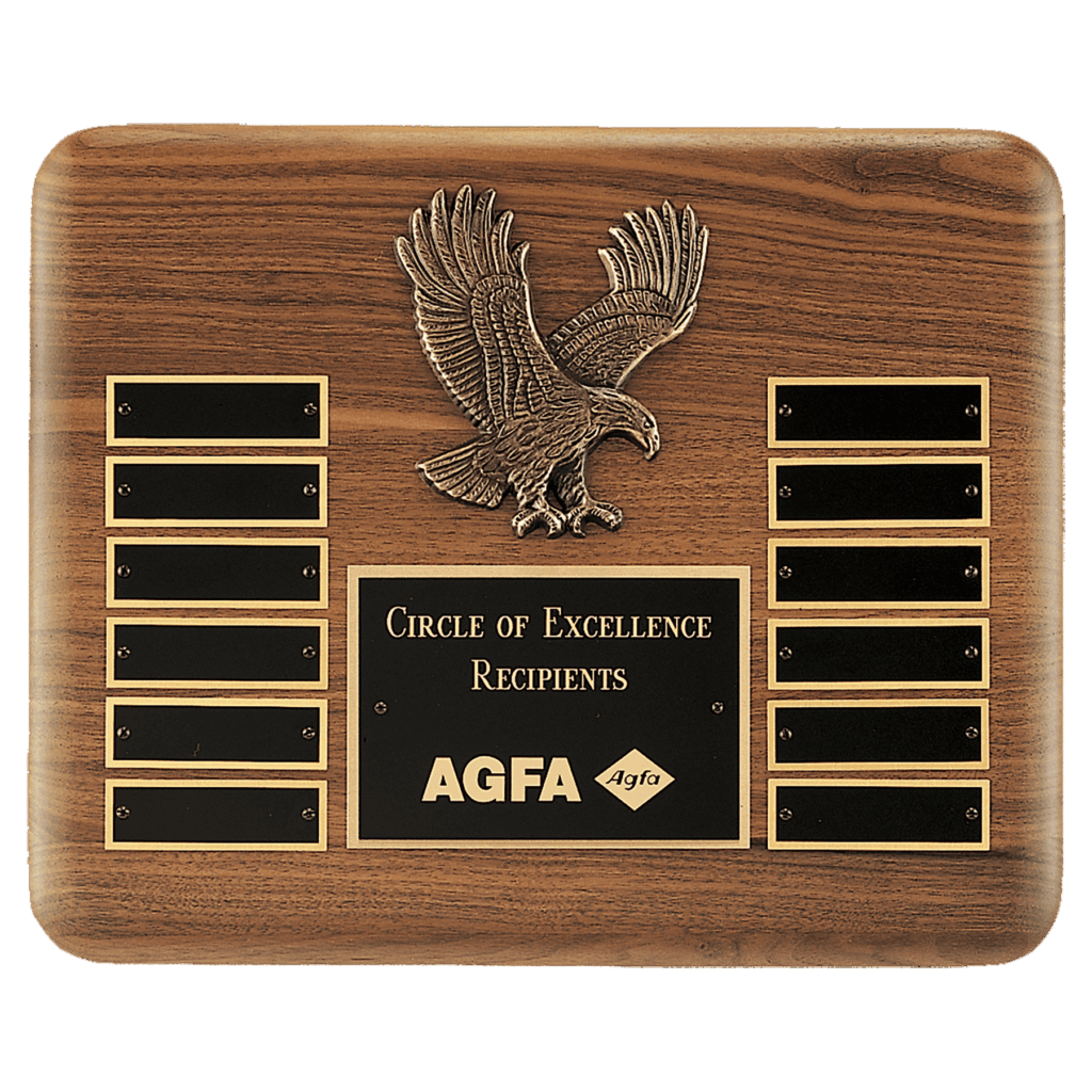 13" X 10 1/2" Solid American Walnut Plaque with Finely Detailed Antique Bronze Eagle Casting and Black LaserFX Header and 12 Perpetual Plates