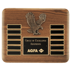 13" X 10 1/2" Solid American Walnut Plaque with Finely Detailed Antique Bronze Eagle Casting and Black LaserFX Header and 12 Perpetual Plates