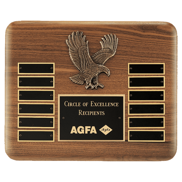 13" X 10 1/2" Solid American Walnut Plaque with Finely Detailed Antique Bronze Eagle Casting and Black LaserFX Header and 12 Perpetual Plates