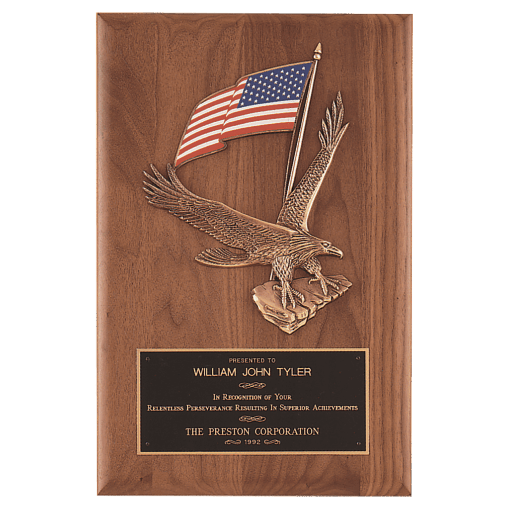 8" x 10 1/2" Solid American Walnut Plaque with Finely Detailed Eagle with American Flag Relief and Black Laserable Brass Plate