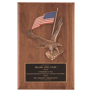 8" x 10 1/2" Solid American Walnut Plaque with Finely Detailed Eagle with American Flag Relief and Black Laserable Brass Plate