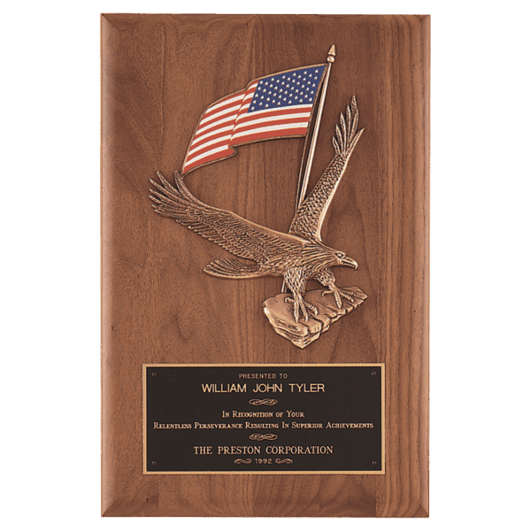 8" x 10 1/2" Solid American Walnut Plaque with Finely Detailed Eagle with American Flag Relief and Black Laserable Brass Plate