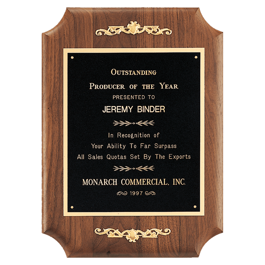 9" x 12" American Walnut Scalloped Corner Plaque with  Gold Scrolls and Go ld Border Black Laser Engravable Plate