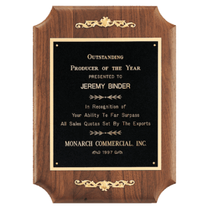 9" x 12" American Walnut Scalloped Corner Plaque with Gold Scrolls and Go ld Border Black Laser Engravable Plate
