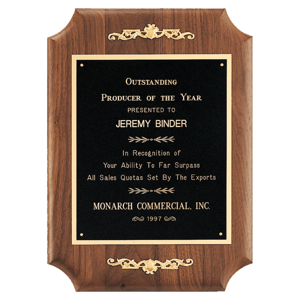 11" x 15" American Walnut Scalloped Corner Plaque with Decorative Gold Scrolls and Gold Border Black Laser Engravable Plate