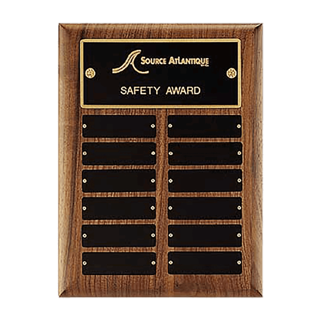 9" x 12"/Plates 1" x 3 1/4" American Walnut 12 Plate Perpetual Plaque with Black Brass Plates