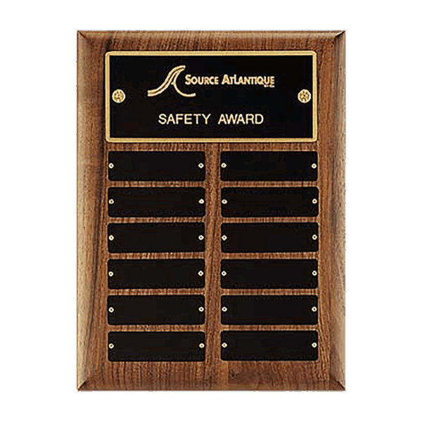 9" x 12"/Plates 1" x 3 1/4" American Walnut 12 Plate Perpetual Plaque with Black Brass Plates