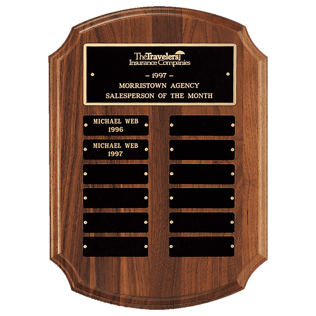 11" x 15" American Walnut 12 Plate Perpetual Plaque with Black Brass Plates