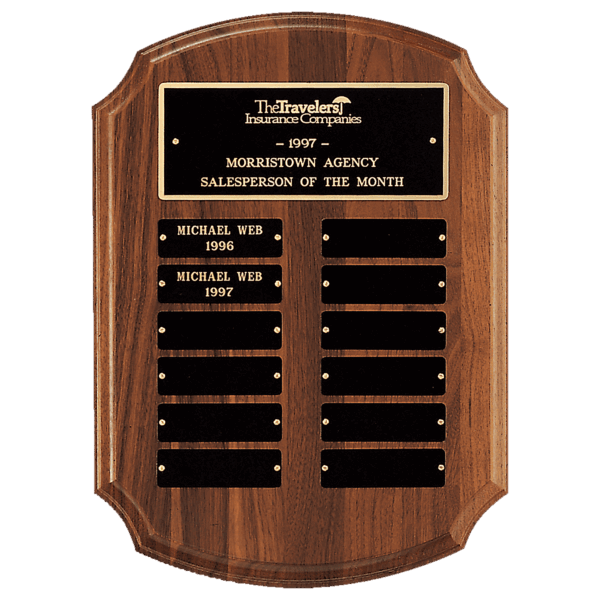 11" x 15" American Walnut 12 Plate Perpetual Plaque with Black Brass Plates