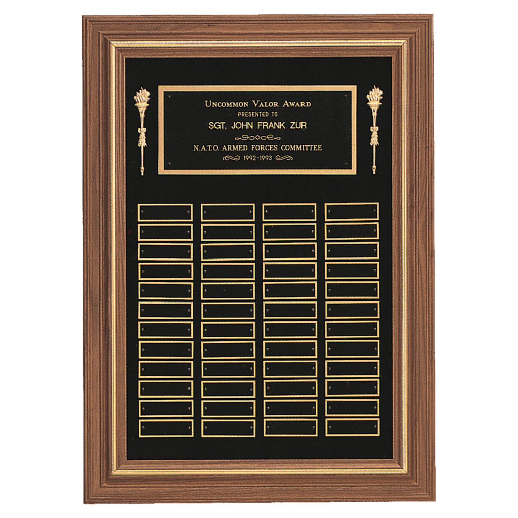 18" x 25"/Plates 7/8" x 2 3/4" American Walnut 36 Plate Perpetual Plaque with Black Brass Plates