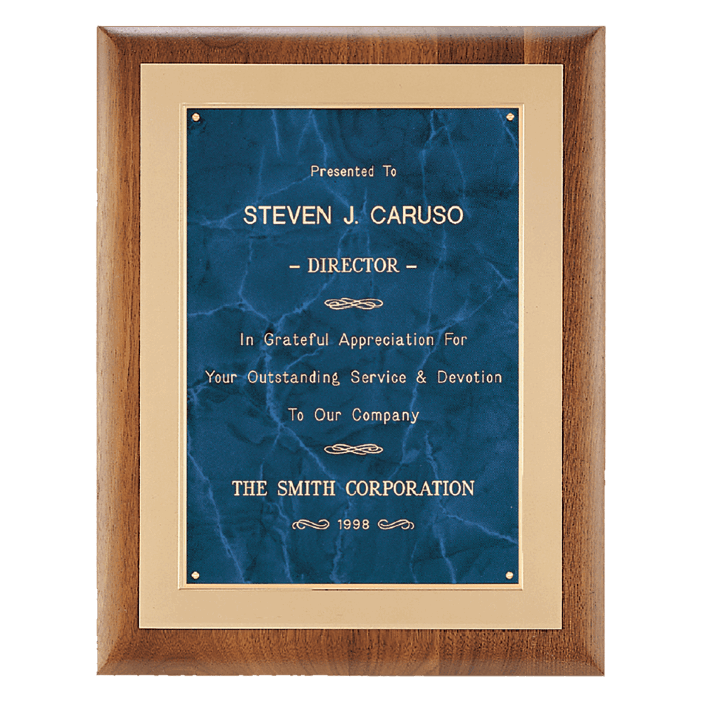 11" x 14" Airflyte Walnut Frame with Brushed Gold Metal Background and Sapphire Marble LaserFX Plate