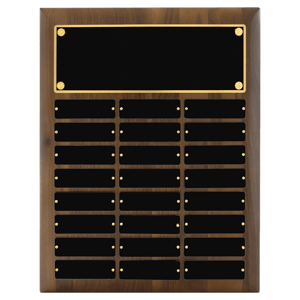 12" x 15"/Plates 1" x 3 1/4"American Walnut 24 Plate Perpetual Plaque with Black Brass Plates