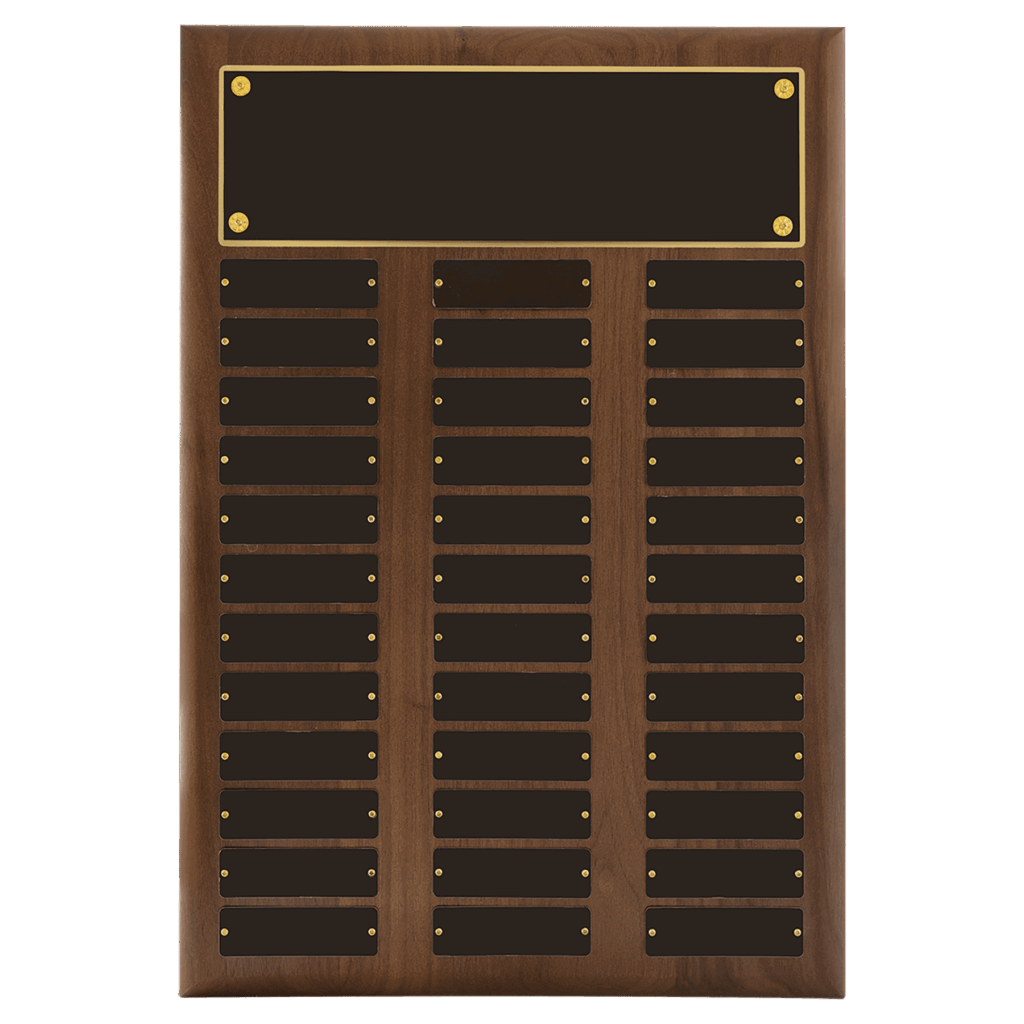 14" x 20"/Plates 1" x 3 1/4" American Walnut 36 Plate Perpetual Plaque with Black Brass Plates