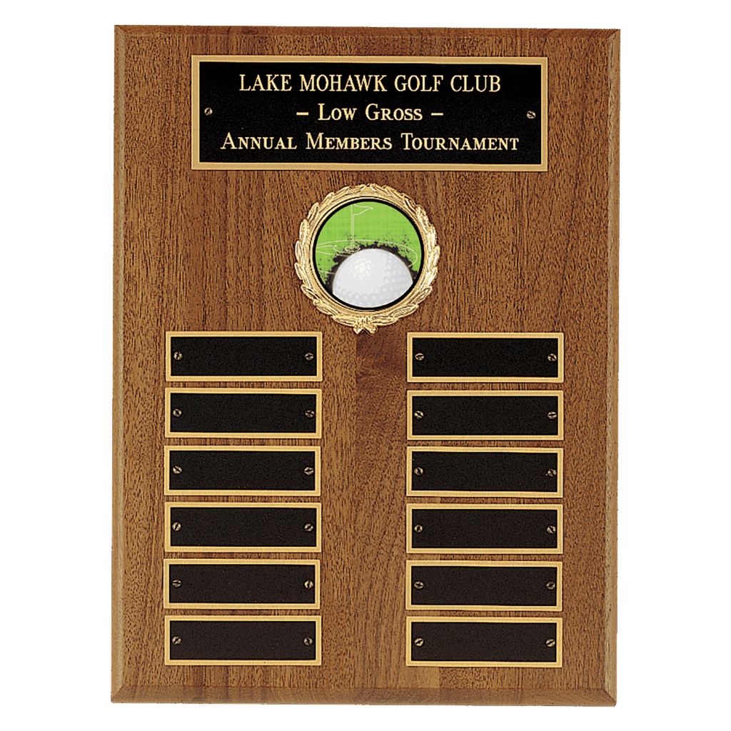 9" x 12" American Walnut Perpetual Plaque with 12 Gold Border Black Laserable Brass Plates and 2" Insert Holder- Witney Series