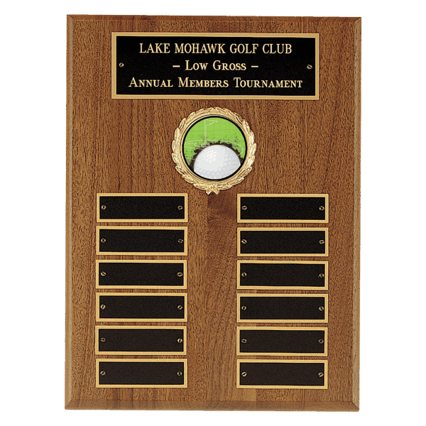 9" x 12" American Walnut Perpetual Plaque with 12 Gold Border Black Laserable Brass Plates and 2" Insert Holder- Witney Series