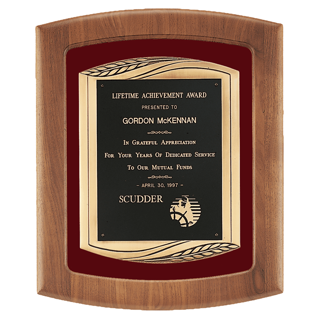 14" x 17" American Walnut Frame with Maroon Velour Background and Black Laser Engravable Plate in an Antique Bronze Finished Frame Casting