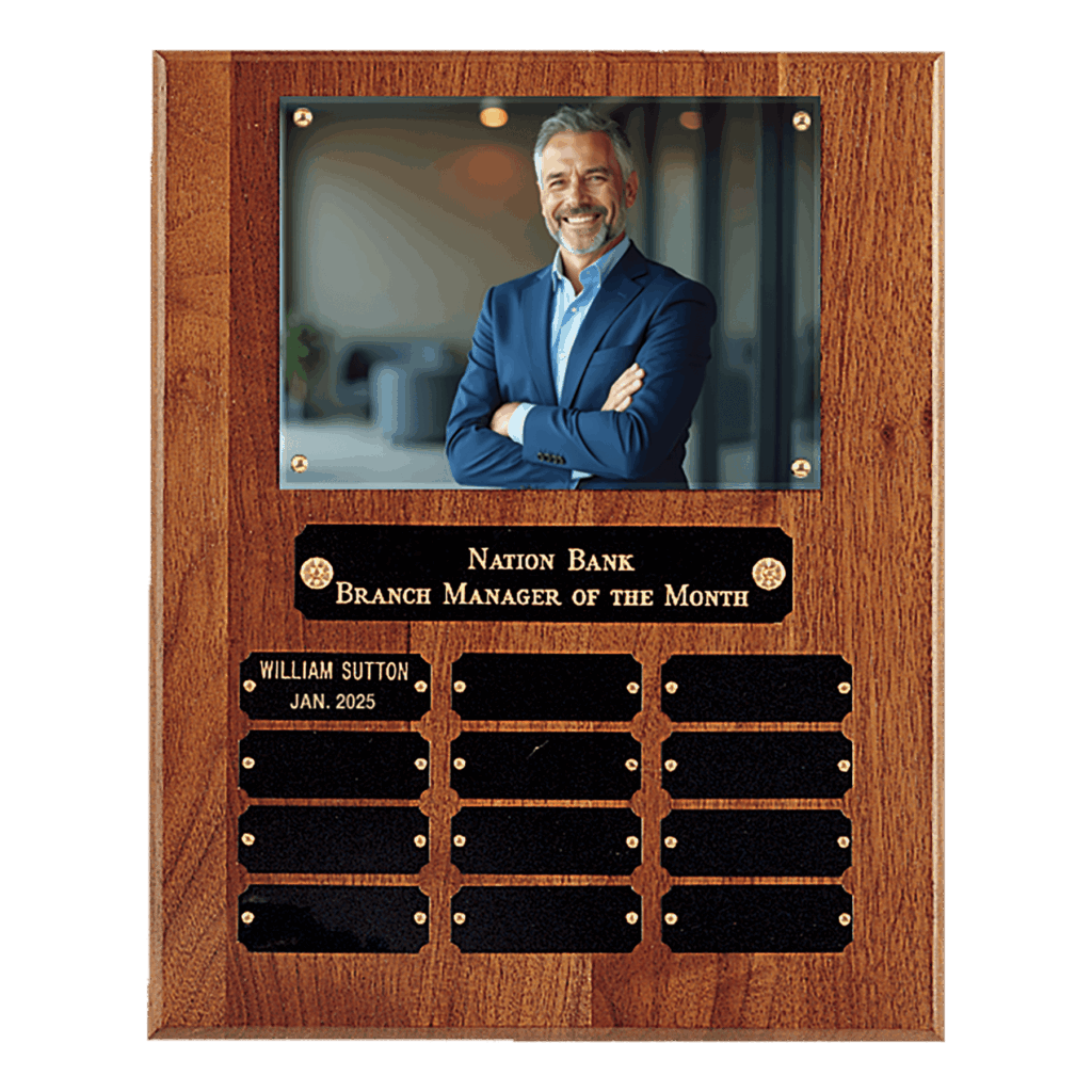 10 1/2" x 13" American Walnut 12 Plate Photo Plaque w/Black Brass Plates-Holds 5" x 7" Photo