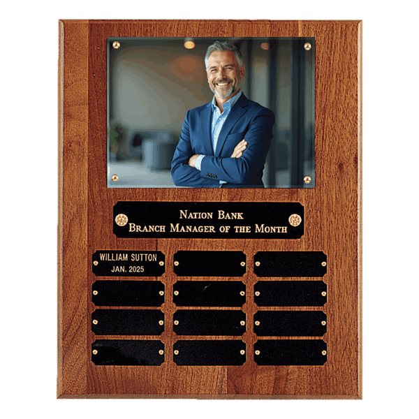 10 1/2" x 13" American Walnut 12 Plate Photo Plaque w/Black Brass Plates-Holds 5" x 7" Photo