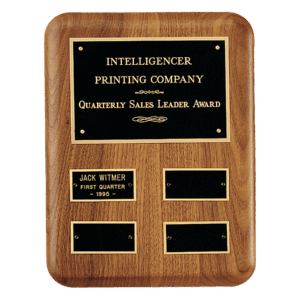 8" x 10 1/2"/Plates 1 1/4" x 2 1/2" American Walnut AirFlyte Edge Quarterly Award Perpetual Plaque wth Black Brass Plates