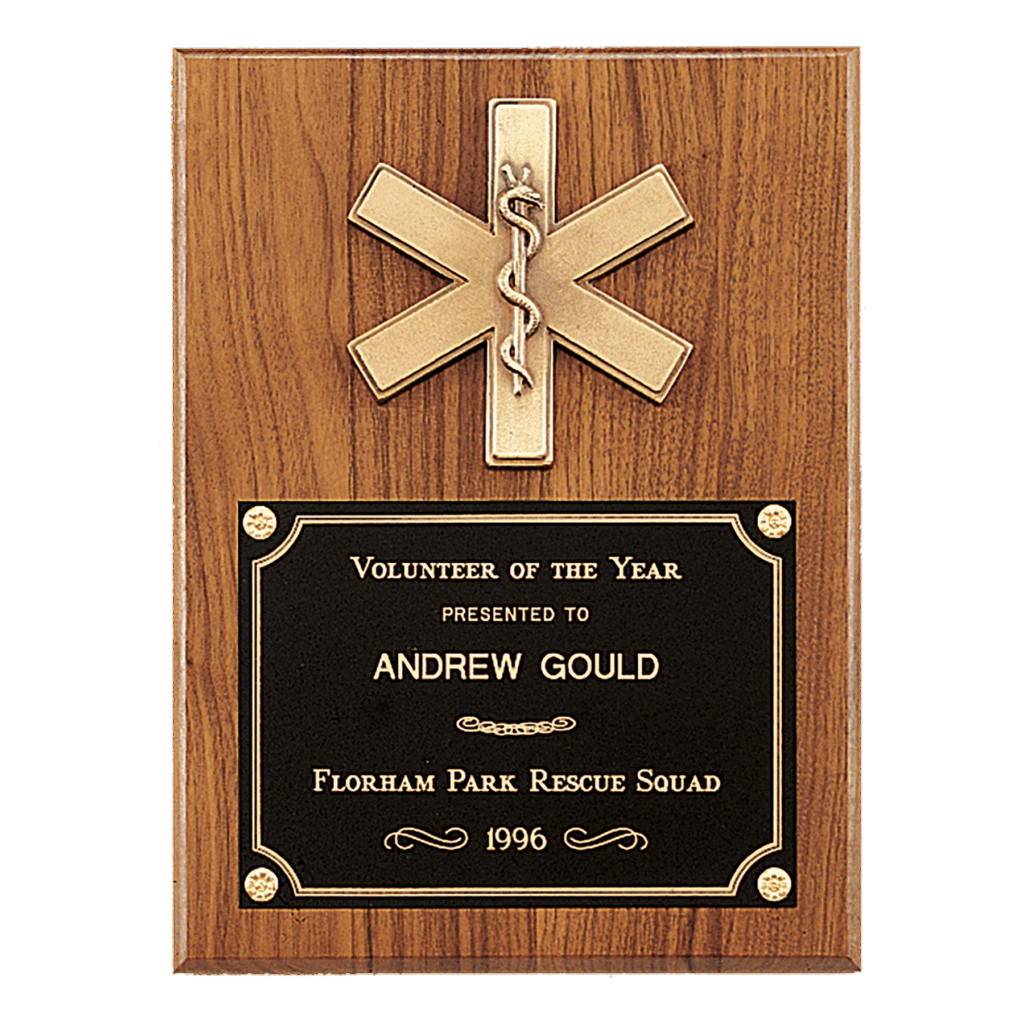 9" x 12" Walnut Plaque with Gold EMT Star of Life and Black Brass Plate